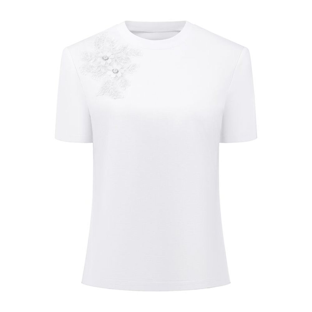 Women Basic Stretchy Summer Beaded Short Sleeve Crew Neck Tee Top White